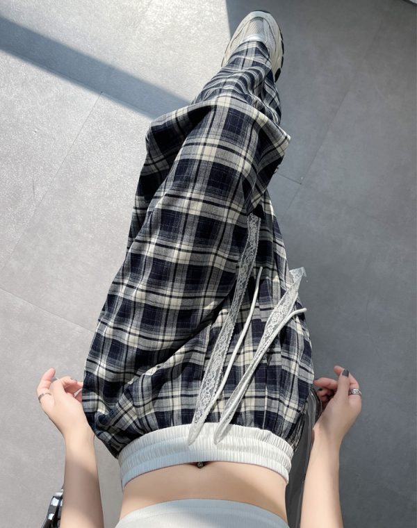 Plaid high waist pants drawstring wide leg pants for women - Image 13