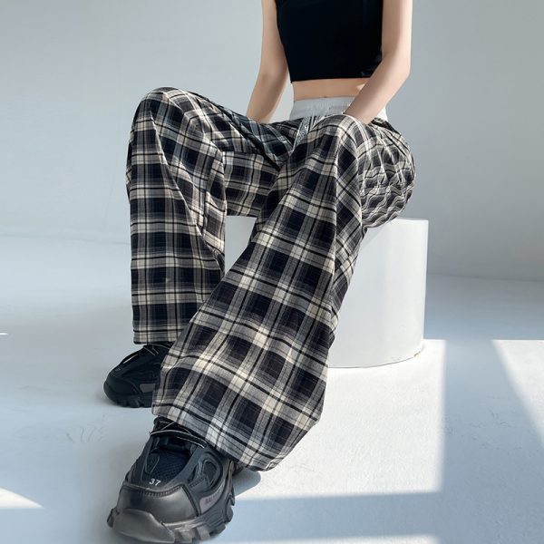 Plaid high waist pants drawstring wide leg pants for women - Image 3