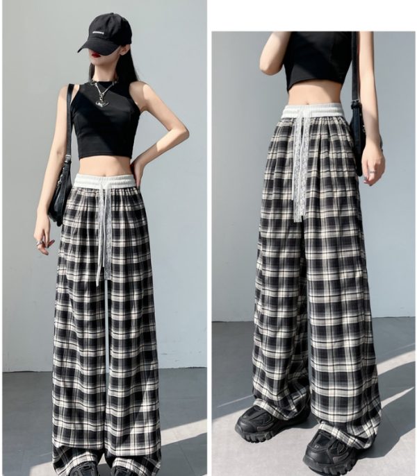 Plaid high waist pants drawstring wide leg pants for women - Image 4