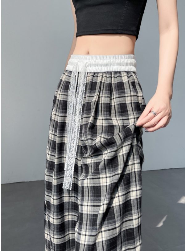 Plaid high waist pants drawstring wide leg pants for women - Image 6