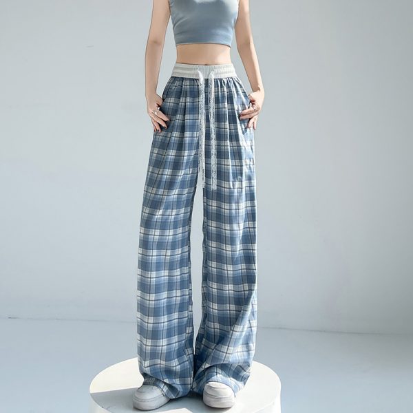 Plaid high waist pants drawstring wide leg pants for women - Image 7