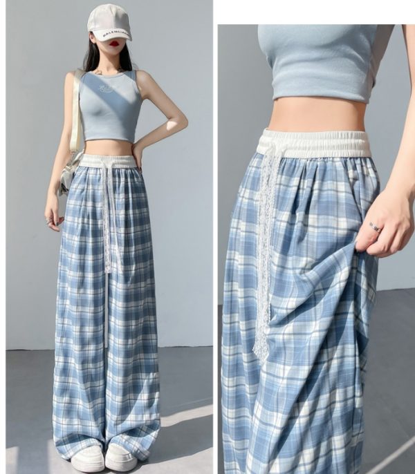 Plaid high waist pants drawstring wide leg pants for women - Image 8