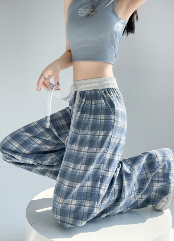 Plaid high waist pants drawstring wide leg pants for women - Image 9