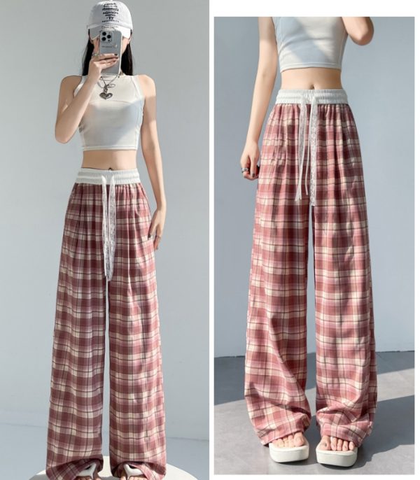 Plaid high waist pants drawstring wide leg pants for women - Image 10