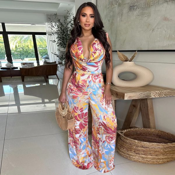 Printing European style wide leg sleeveless jumpsuit for women - Image 3