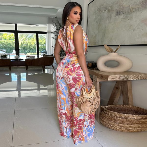 Printing European style wide leg sleeveless jumpsuit for women - Image 4