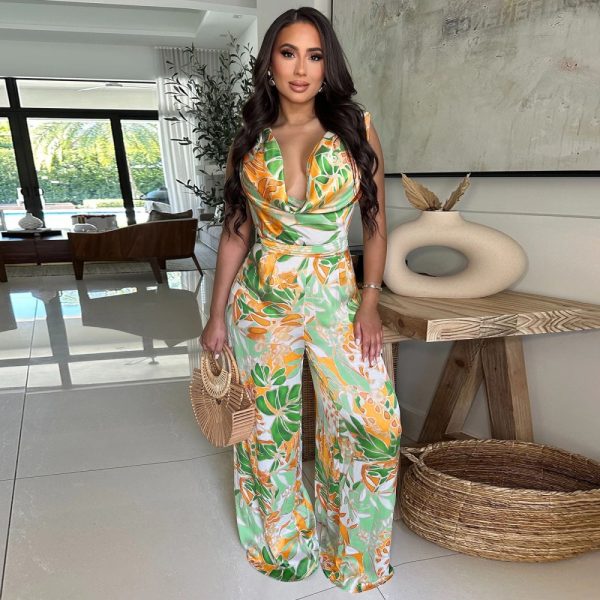 Printing European style wide leg sleeveless jumpsuit for women - Image 5
