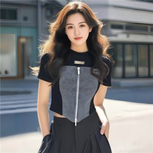 Korean style simple T-shirt Pseudo-two tops for women