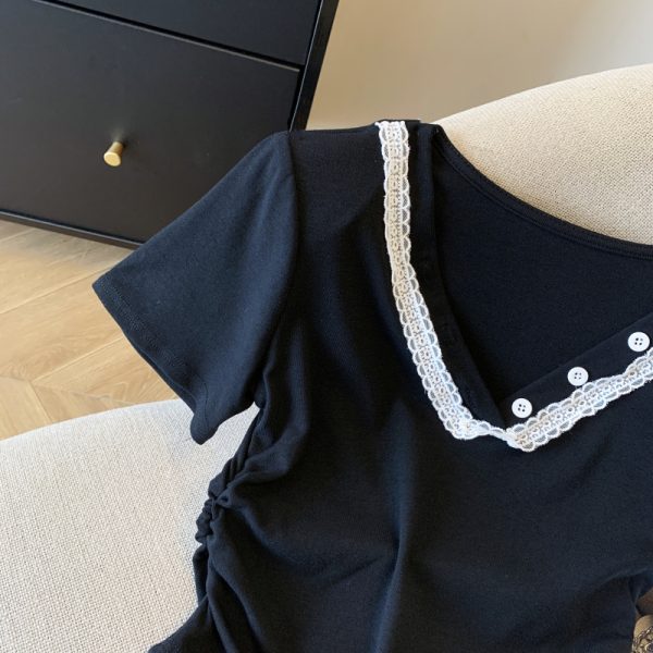 V-neck lace tops summer short sleeve T-shirt for women - Image 2