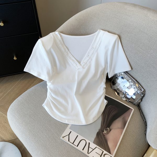 V-neck lace tops summer short sleeve T-shirt for women - Image 4