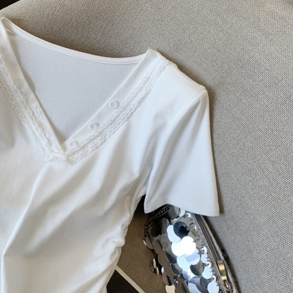 V-neck lace tops summer short sleeve T-shirt for women - Image 5