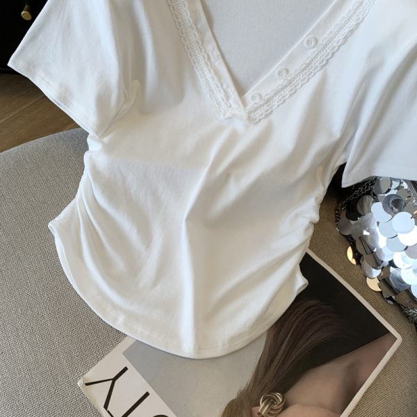 V-neck lace tops summer short sleeve T-shirt for women - Image 6