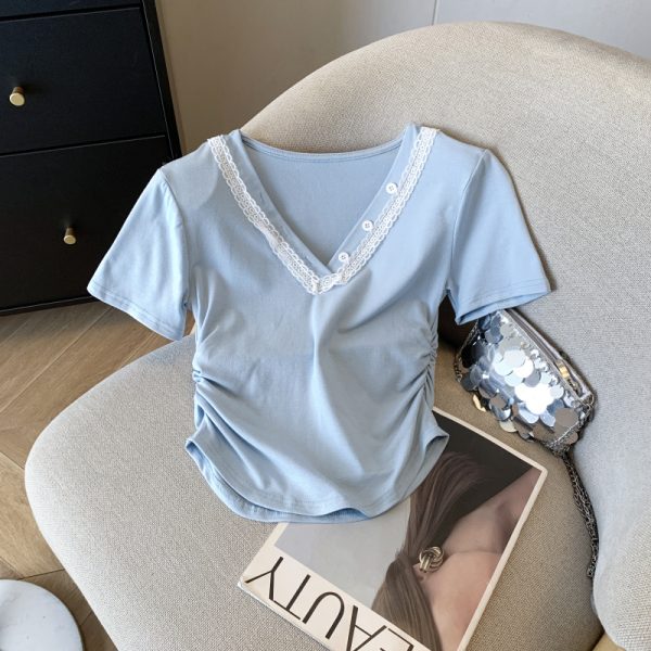 V-neck lace tops summer short sleeve T-shirt for women - Image 7