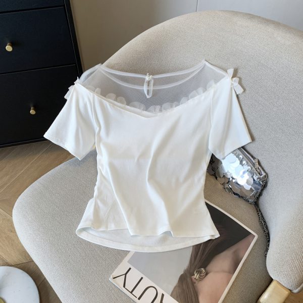 Splice short sleeve T-shirt flat shoulder tops for women - Image 3