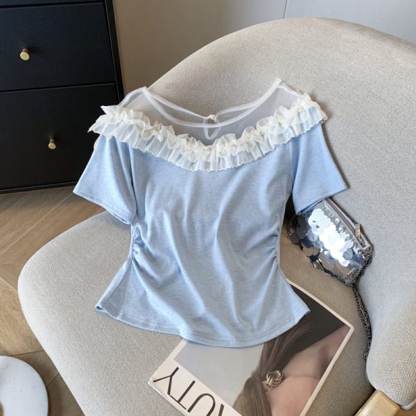 Splice short sleeve T-shirt flat shoulder tops for women - Image 4