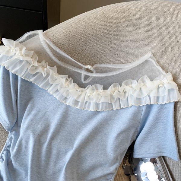 Splice short sleeve T-shirt flat shoulder tops for women - Image 5