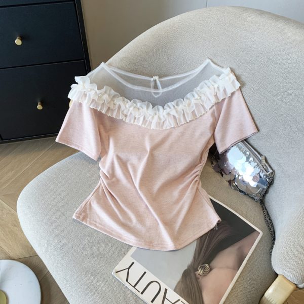 Splice short sleeve T-shirt flat shoulder tops for women - Image 7
