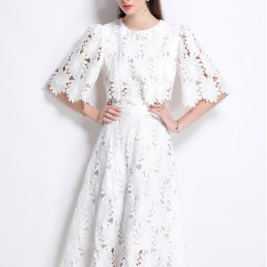 Elegant high waist temperament short hollow tops 2pcs set