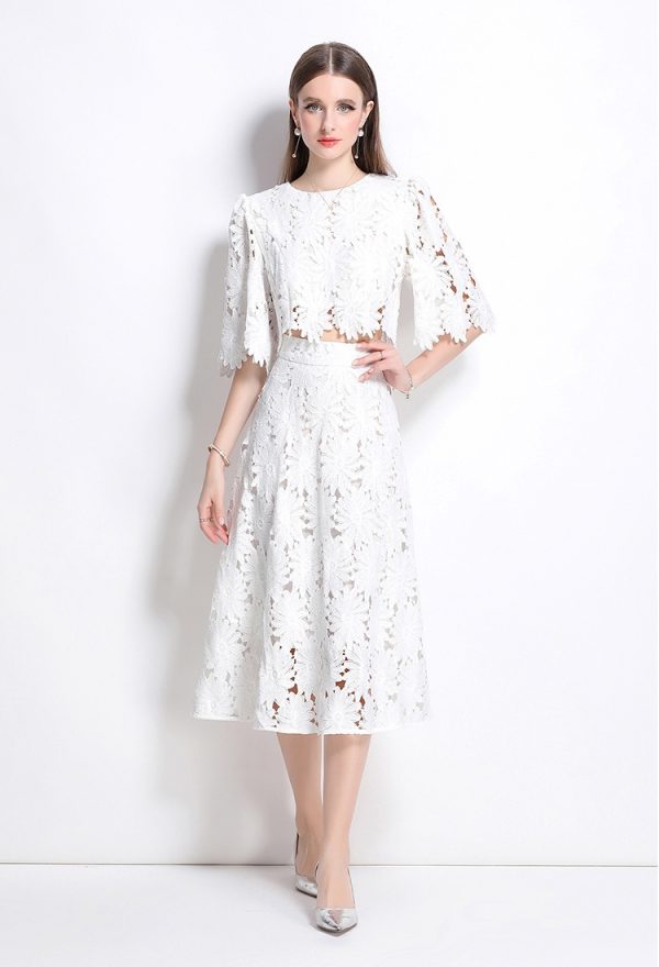 Elegant high waist temperament short hollow tops 2pcs set - Image 2