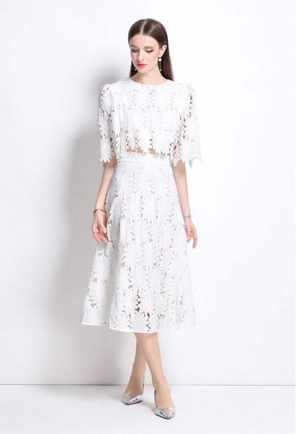 Elegant high waist temperament short hollow tops 2pcs set - Image 3