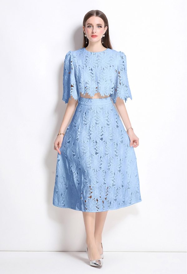 Elegant high waist temperament short hollow tops 2pcs set - Image 5