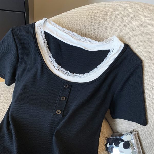 Slim fashion sweet short sleeve Pseudo-two T-shirt for women - Image 2