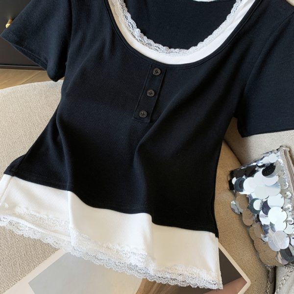 Slim fashion sweet short sleeve Pseudo-two T-shirt for women - Image 3