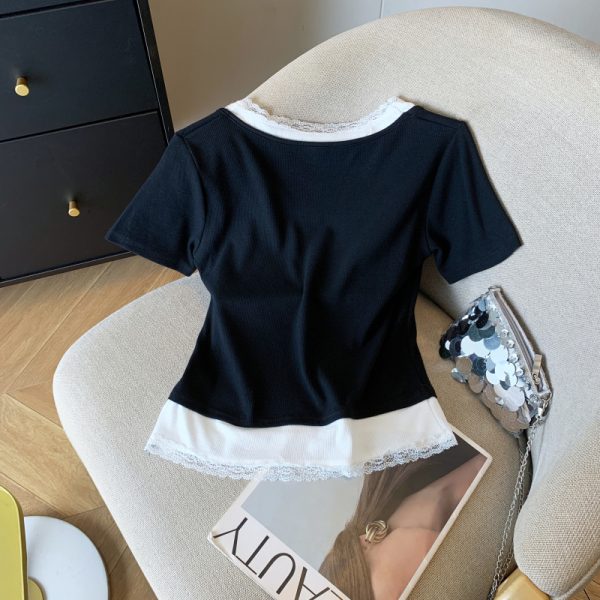Slim fashion sweet short sleeve Pseudo-two T-shirt for women - Image 4