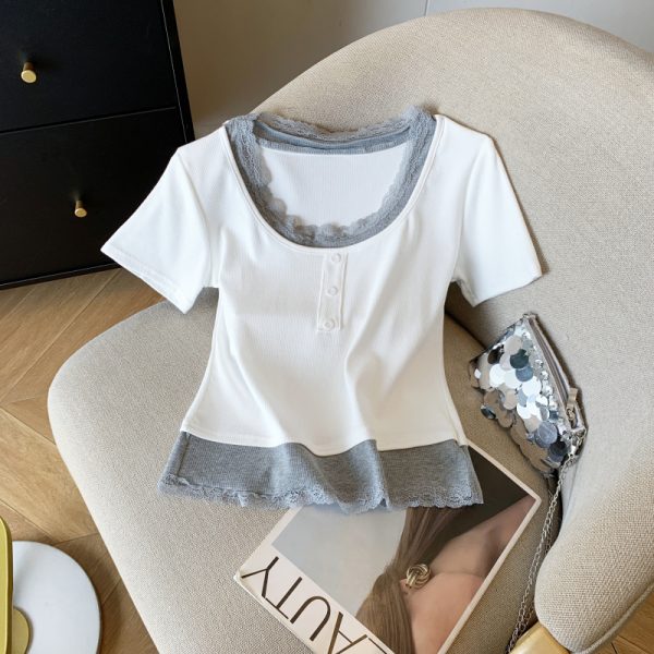 Slim fashion sweet short sleeve Pseudo-two T-shirt for women - Image 5
