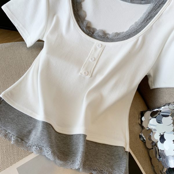 Slim fashion sweet short sleeve Pseudo-two T-shirt for women - Image 7