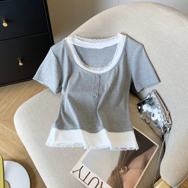 Slim fashion sweet short sleeve Pseudo-two T-shirt for women - Image 8