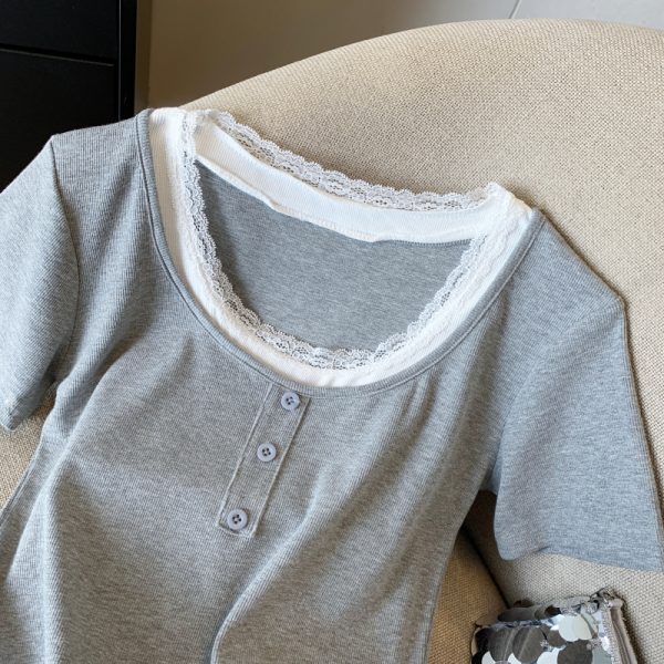 Slim fashion sweet short sleeve Pseudo-two T-shirt for women - Image 9