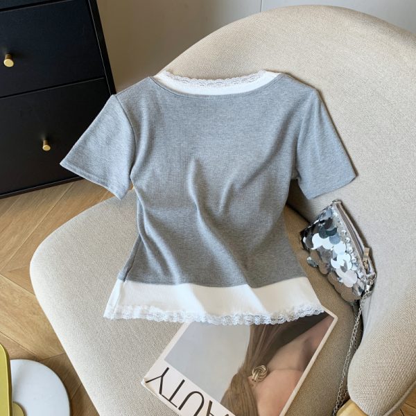 Slim fashion sweet short sleeve Pseudo-two T-shirt for women - Image 10