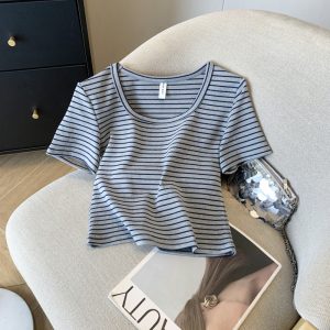 Slim stripe T-shirt short sleeve short tops for women