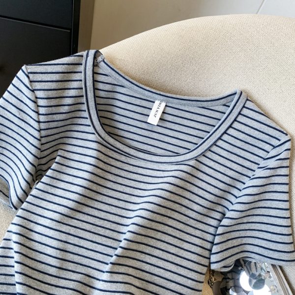 Slim stripe T-shirt short sleeve short tops for women - Image 2