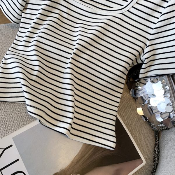 Slim stripe T-shirt short sleeve short tops for women - Image 12