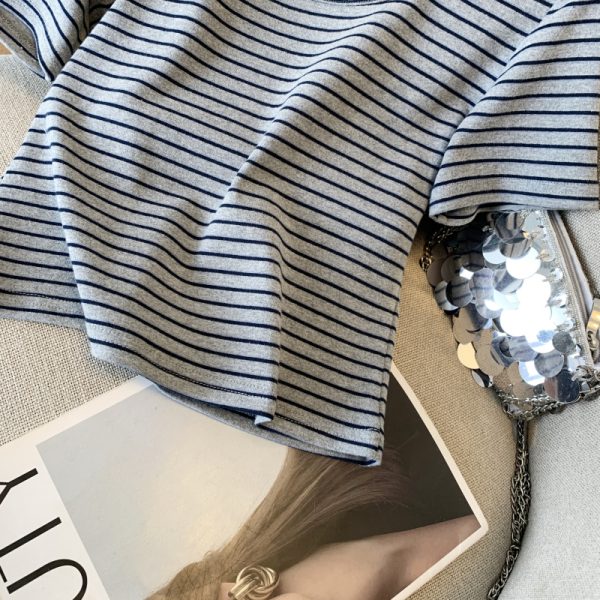 Slim stripe T-shirt short sleeve short tops for women - Image 3