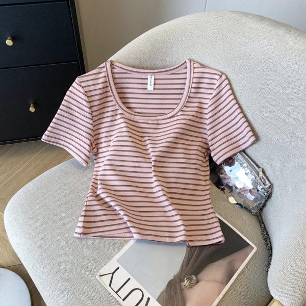 Slim stripe T-shirt short sleeve short tops for women - Image 4