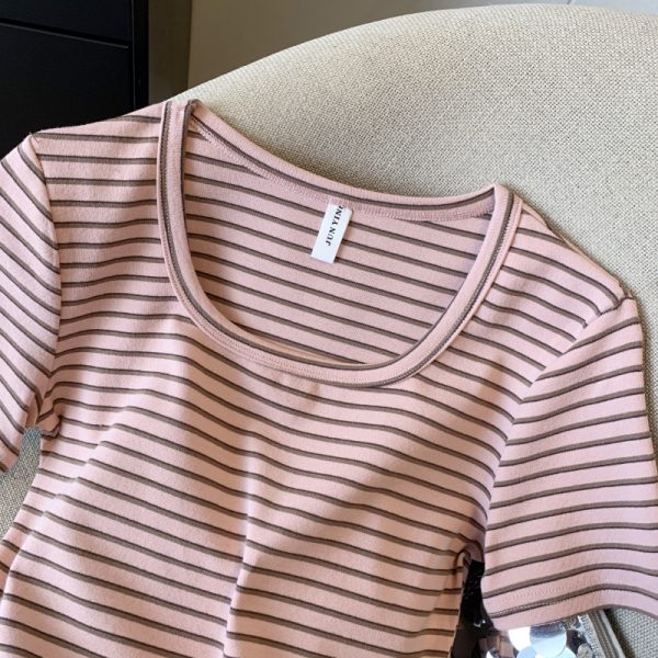 Slim stripe T-shirt short sleeve short tops for women - Image 5