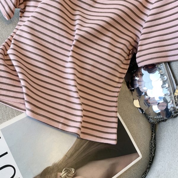 Slim stripe T-shirt short sleeve short tops for women - Image 6