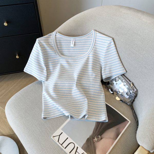 Slim stripe T-shirt short sleeve short tops for women - Image 7