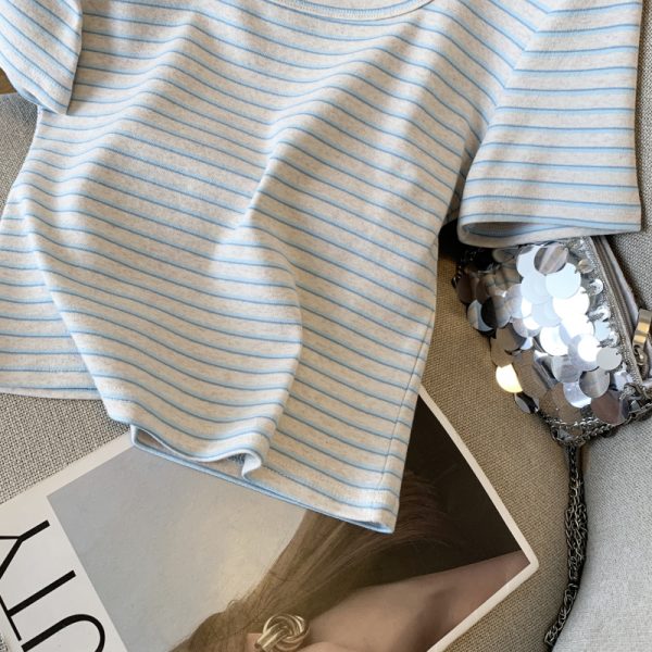 Slim stripe T-shirt short sleeve short tops for women - Image 9