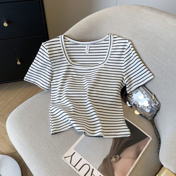 Slim stripe T-shirt short sleeve short tops for women - Image 10