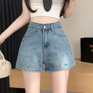 Denim American style slim embroidery wide leg A-line shorts