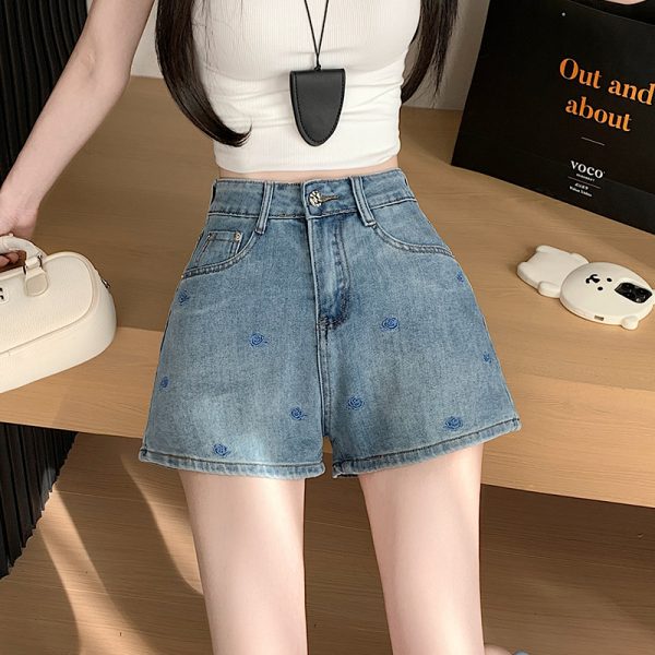 Denim American style slim embroidery wide leg A-line shorts - Image 5