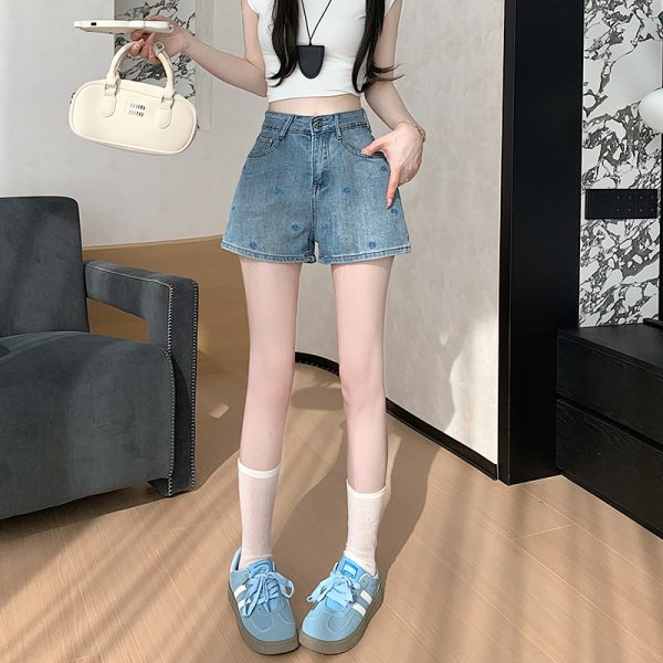 Denim American style slim embroidery wide leg A-line shorts - Image 6