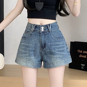 Slim high waist short jeans A-line straight shorts for women