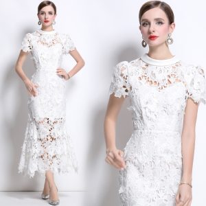Round neck short sleeve lace temperament high collar dress