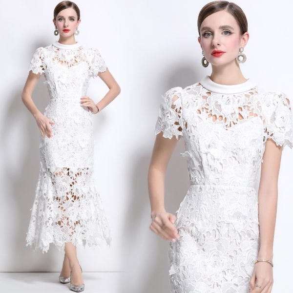 Round neck short sleeve lace temperament high collar dress