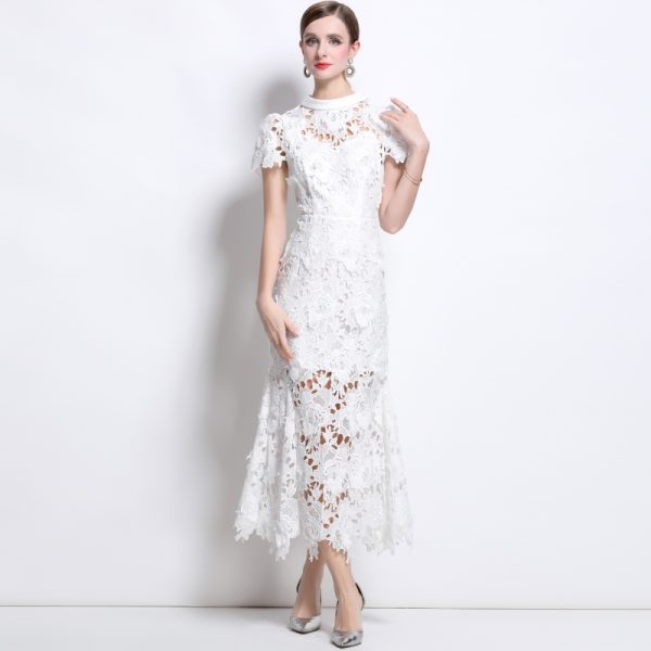 Round neck short sleeve lace temperament high collar dress - Image 2